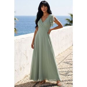 🍑David's Bridal Dusty Sage Green Flutter Sleeve Gown Size 6